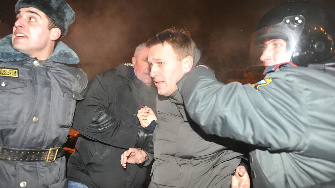 Alexei Navalny speaking at a rally on Pushkin Square in Moscow
